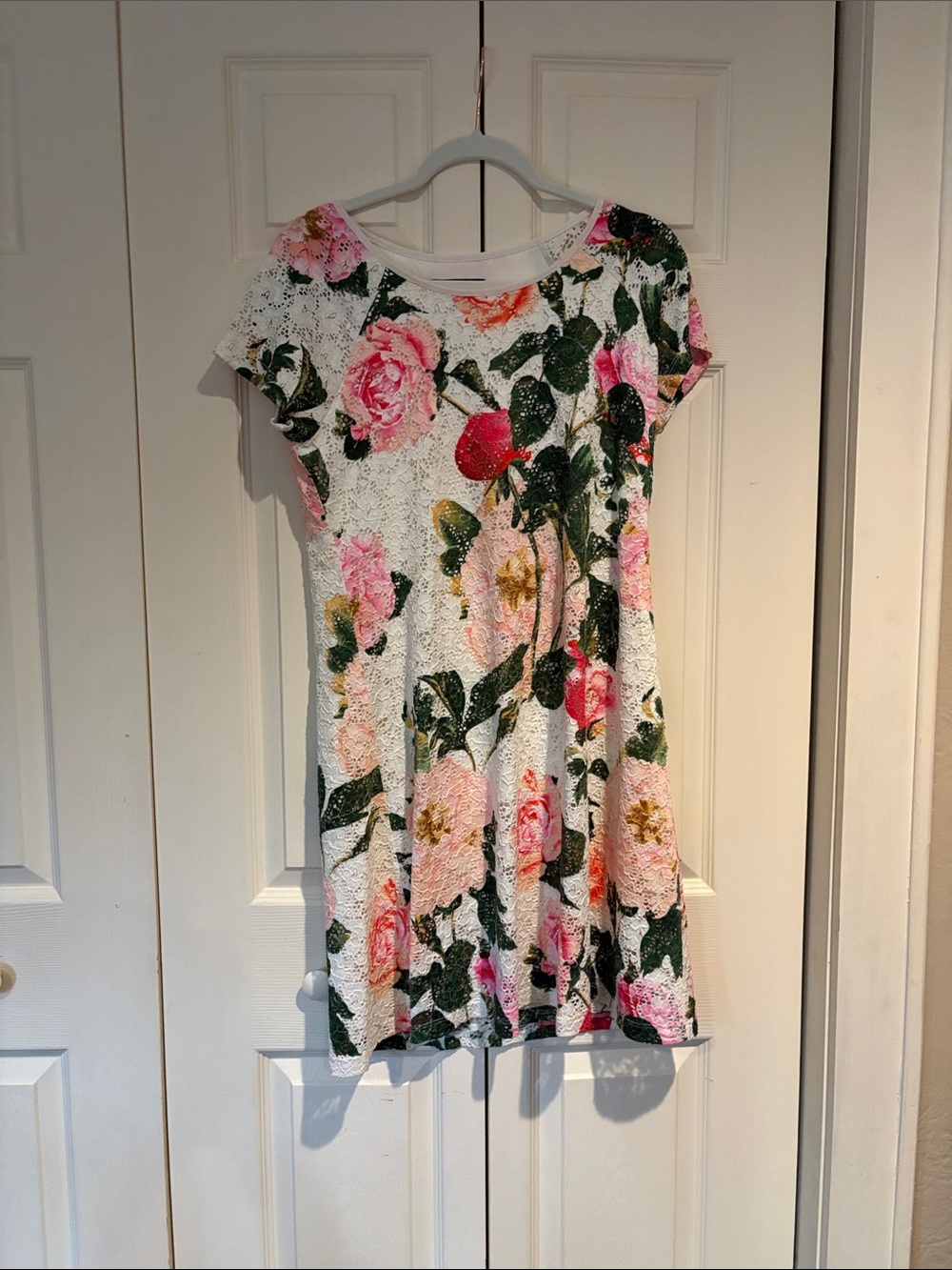 White Floral Lace Dress with Pink & Green Blooms
